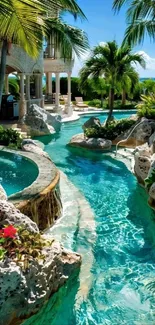 Tropical paradise with a luxurious pool and lush greenery.