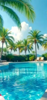 Tropical pool with palm trees and clear blue sky.