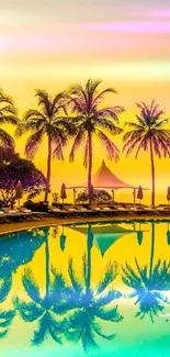 Tropical sunset with palm trees and pool reflection wallpaper.