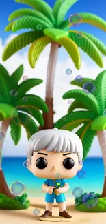 Pop figure with palm trees on a tropical beach background.