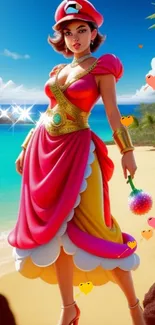 Vibrant tropical princess on a beach with ocean backdrop.