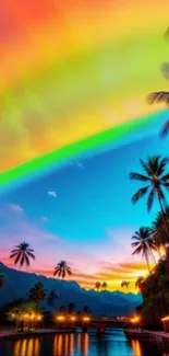 Colorful tropical landscape with palm trees under a vibrant rainbow sky at sunset.