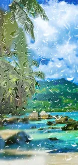 Rainy tropical beach scene with palm trees and turquoise waters.