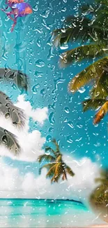 Tropical beach scene with raindrops on palm trees and turquoise ocean.