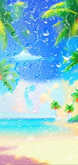 Vibrant tropical beach scene with palms and raindrop effect on a sunny day.