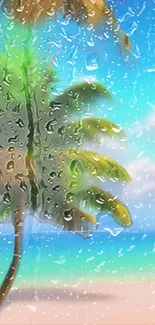 Tropical rainy beach wallpaper with palm trees and bright blue sky.