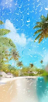 Tropical beach wallpaper with raindrops and palm trees.