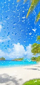 Tropical beach scene with rain overlay and palm trees.