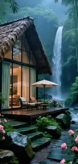 Tropical retreat with lush greenery and a waterfall
