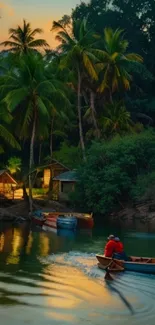 Tropical river and boats at sunset with palm trees.