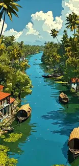 Scenic tropical river with palm trees and boats.