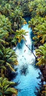 Tropical river wallpaper with palm trees and blue water.