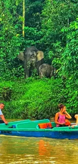 People on a river safari boat with elephants in lush jungle.