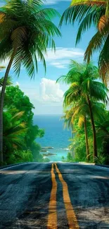 Tropical road with palm trees leading to the ocean under a clear blue sky.