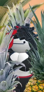 Robotic ninja hidden among tropical pineapples.