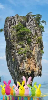 Tropical rock formation with colorful bunnies, bright blue sky.