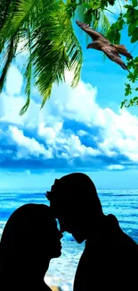 Romantic couple silhouette on a tropical beach with vibrant sky and ocean waves.