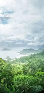 Tropical landscape with lush greenery and ocean view under a dramatic sky.