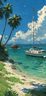 Scenic tropical beach with sailboat and palm trees under a blue sky.