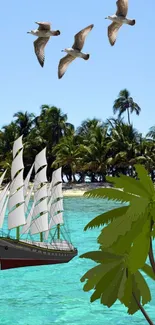 Tropical seascape with ship, palm trees, and seagulls.