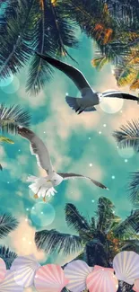 Tropical wallpaper with seagulls and palms.