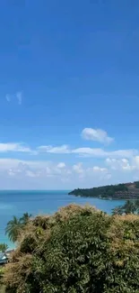 Tropical seaside view with lush greenery and blue ocean under a clear sky.