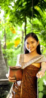 Young woman in a tropical garden with lush greenery, holding a pot.