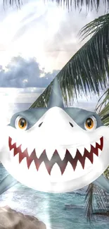 Shark emoji with tropical beach scenery and palm trees.