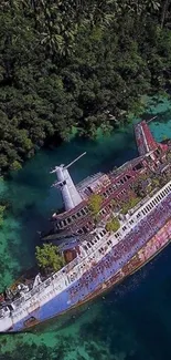 Aerial view of a tropical shipwreck surrounded by lush greenery.