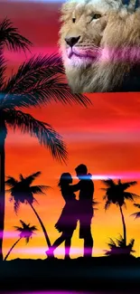 Silhouette of a couple with a lion at sunset.