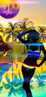 Silhouette of a woman with palm trees at a vibrant beach sunset wallpaper.