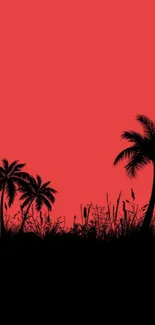 Bold tropical silhouette with palms on a vibrant red background.