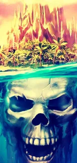 Tropical island with skull beneath ocean in vibrant colors.