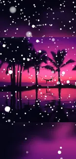 Silhouetted palm trees at sunset with snowfall on a tropical beach.