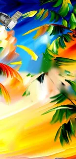 Tropical-themed mobile wallpaper with a satellite and vibrant colors.