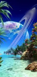 Tropical fantasy wallpaper with planets and ocean