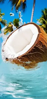 Coconut splashing into tropical water with palm trees.