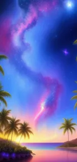 Tropical landscape with starry night sky and palm trees in vibrant colors.