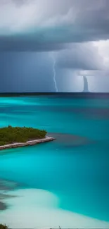 Tropical storm over turquoise sea with lightning and sandy shores.