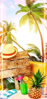 Tropical wallpaper with palm trees and beach items.