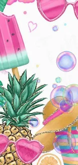 Tropical summer wallpaper with pink popsicle, sunglasses, and pineapple.