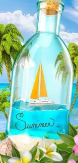 Tropical sailboat in a bottle with palm trees and ocean backdrop.