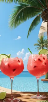 Tropical drinks by a pool with palm trees and a sunny sky.