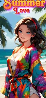 Vibrant beach wallpaper with tropical theme and animated girl under palm trees.