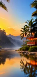 Tropical sunrise with palm trees and serene waters.