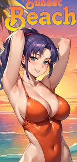 Tropical anime girl on a beach at sunset in an orange swimsuit.