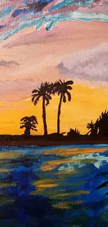 Vibrant tropical sunset with palm trees and ocean view in colorful art style.