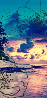 Tropical beach sunset with floral art overlay in vibrant colors.