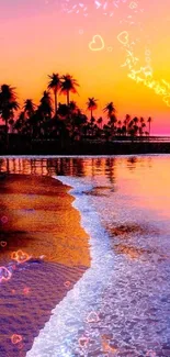 Vibrant tropical sunset over a beach with palm tree silhouettes.