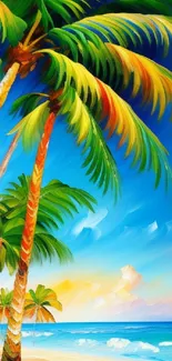 Tropical beach painting with palm trees and a colorful sunset sky.